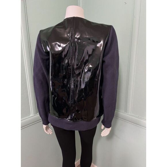 NWOT? Marni for H&M Black Patent Leather Zip Front Bomber Jacket Blue Sleeves 8 - Picture 5 of 9